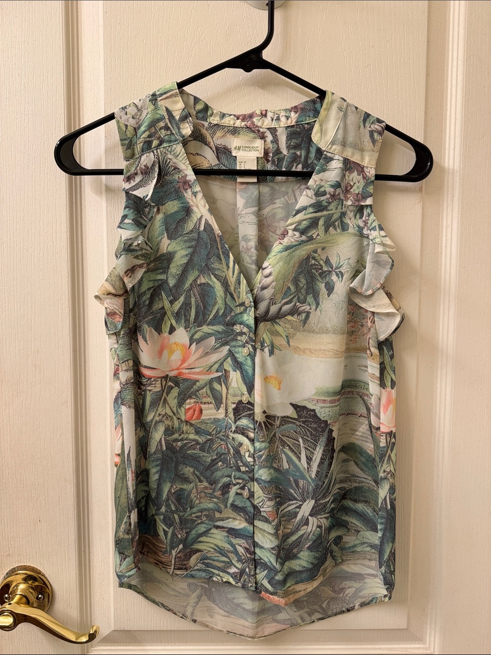 H&M Green Botanical Ruffle Blouse.